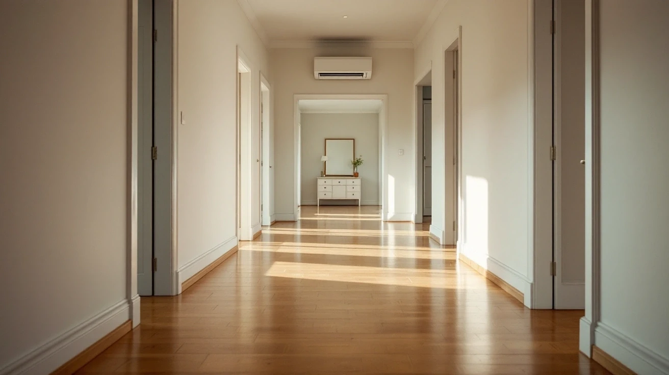 Long hallway with doors to separate rooms