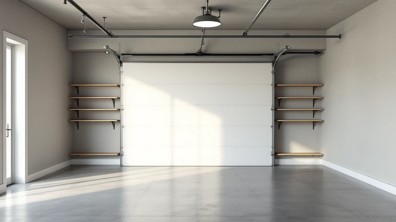 Empty garage with shelving and an overhead door