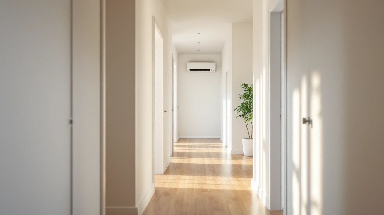 Hallway with doors to separate rooms