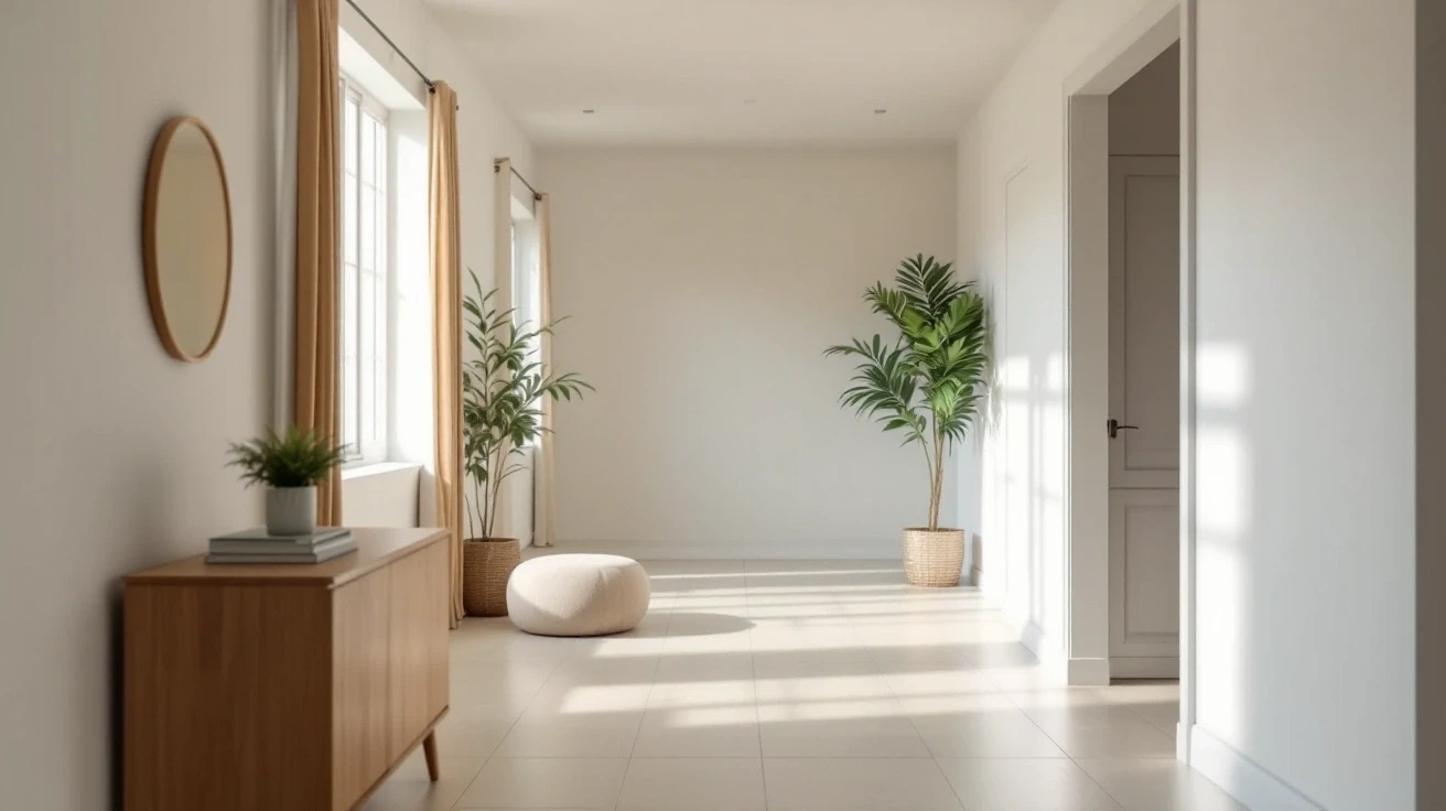 Hallway connecting rooms with closed doors