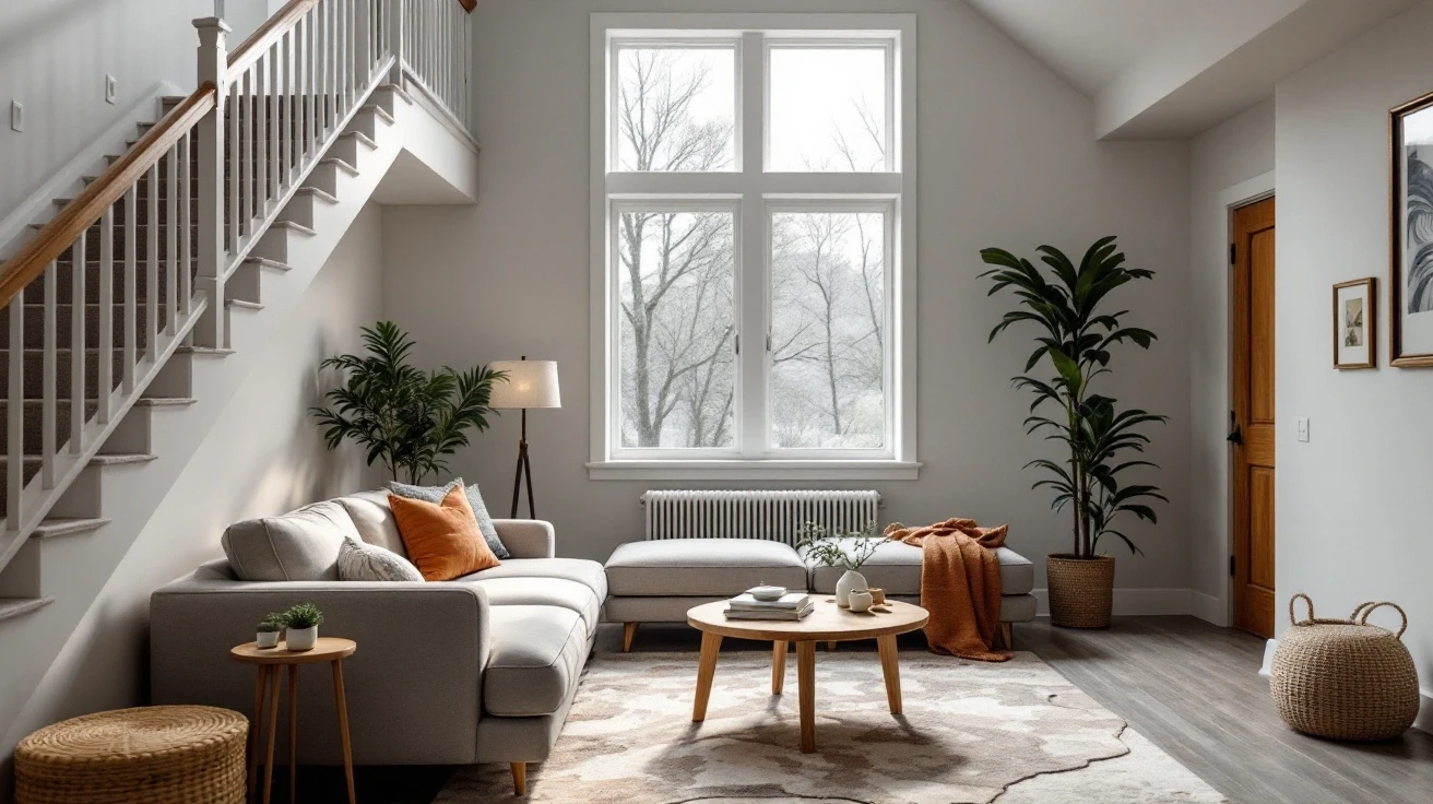 Living room with a stairway and tall window