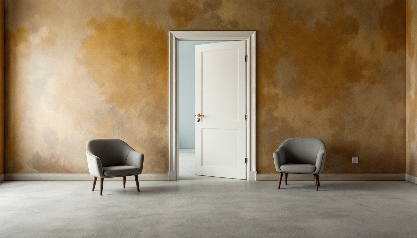 Empty room with two chairs and a closed door