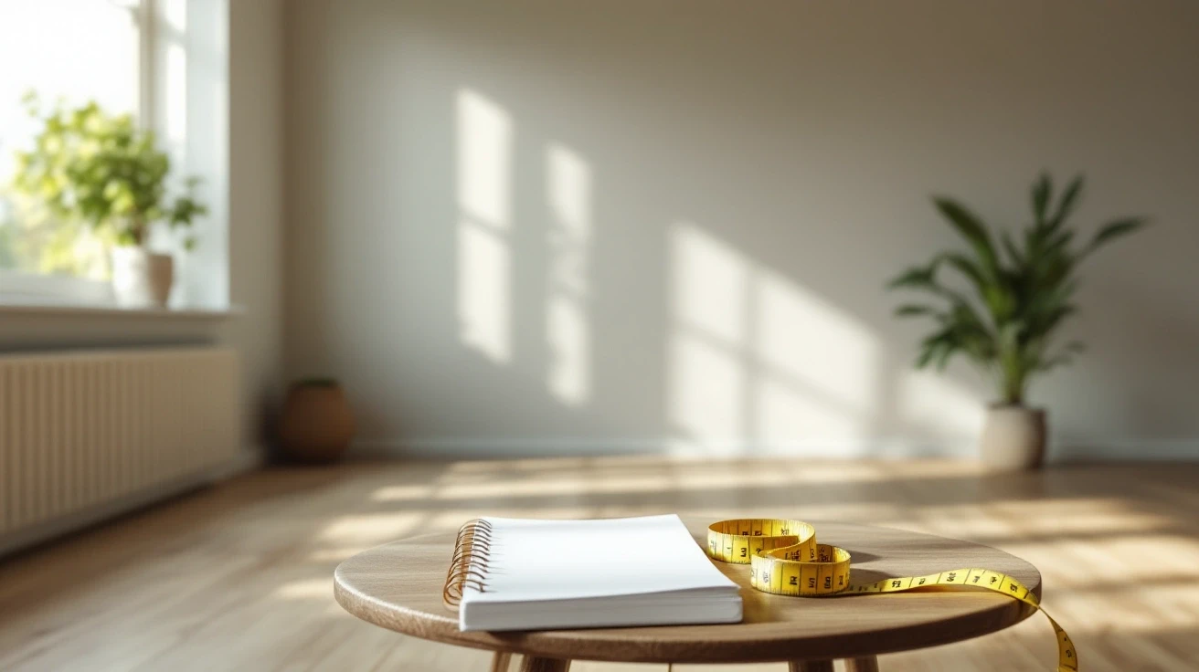 An empty room with a tape measure and blank planning notebook
