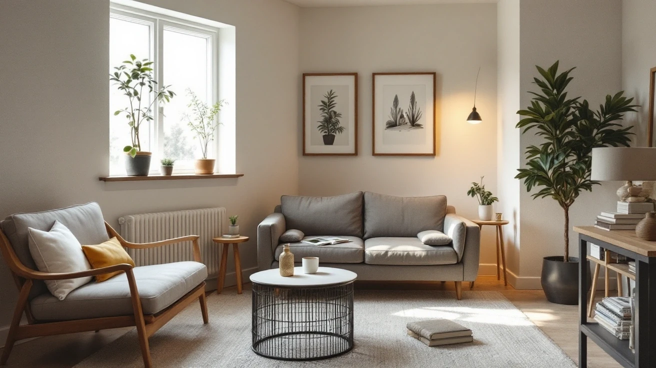 Living room with a sofa and shaded window