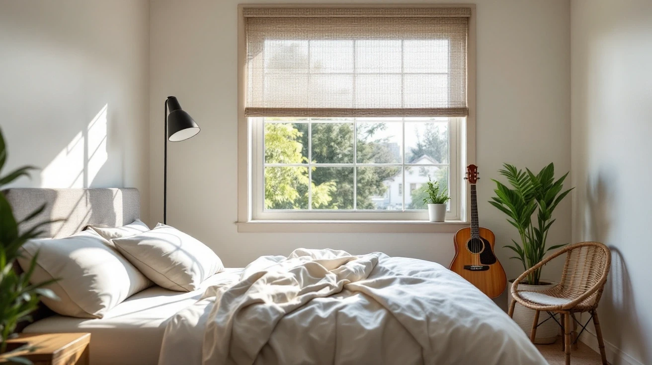 Bedroom with a bed beneath a shaded window