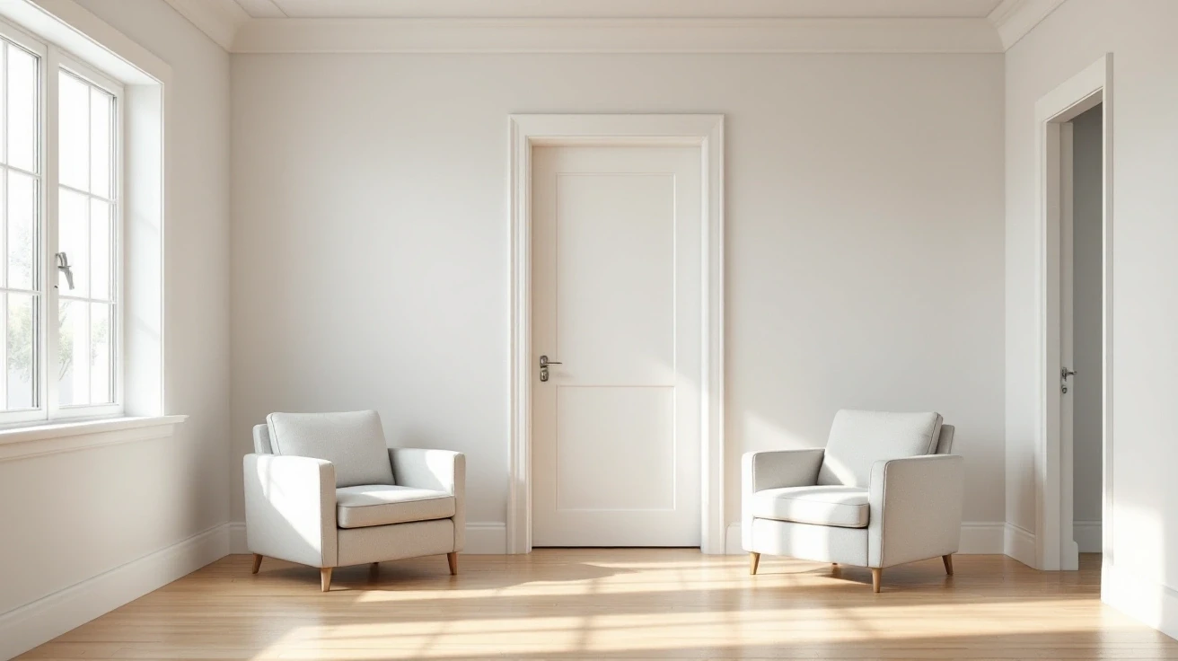 Empty den with two chairs, windows and a closed door