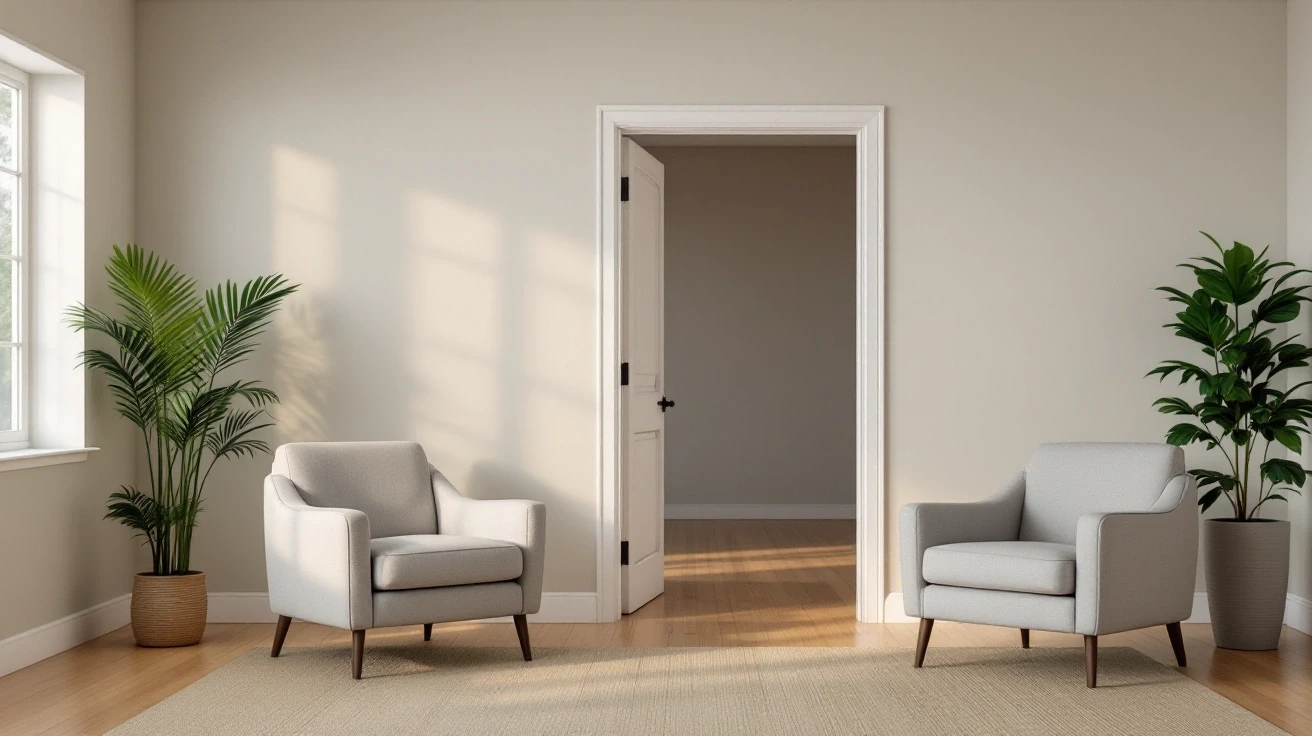 Den with two chairs and a closed door