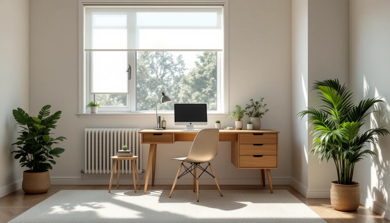 An empty sunlit study with a wooden desk, chair and shaded window