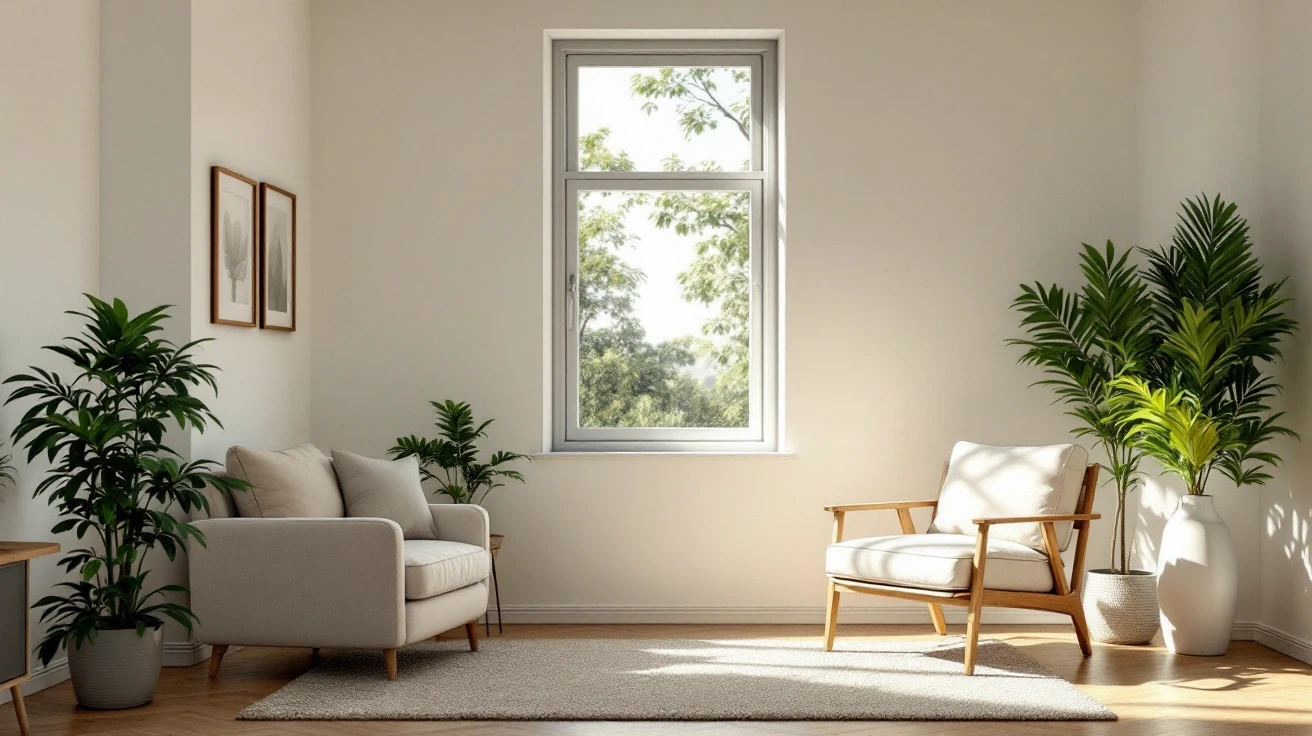 A quiet residential room with a shaded window