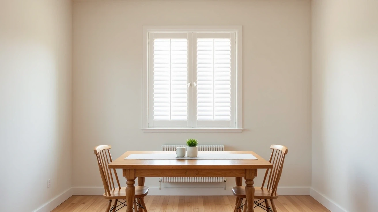 Dining table under a window with closed blinds