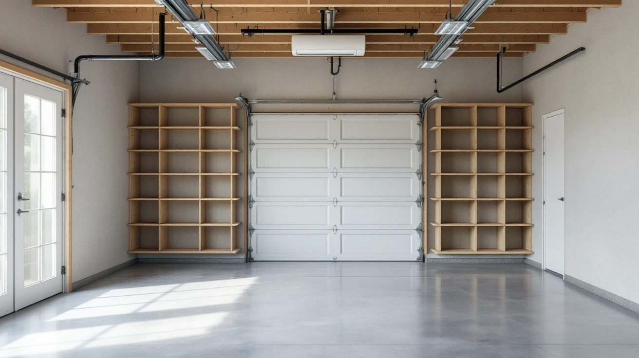 Empty garage with shelving and a closed door