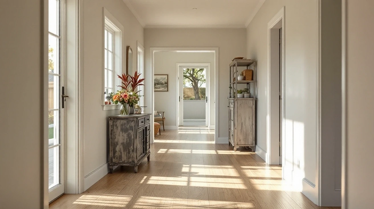 Hallway connecting rooms with open doorways