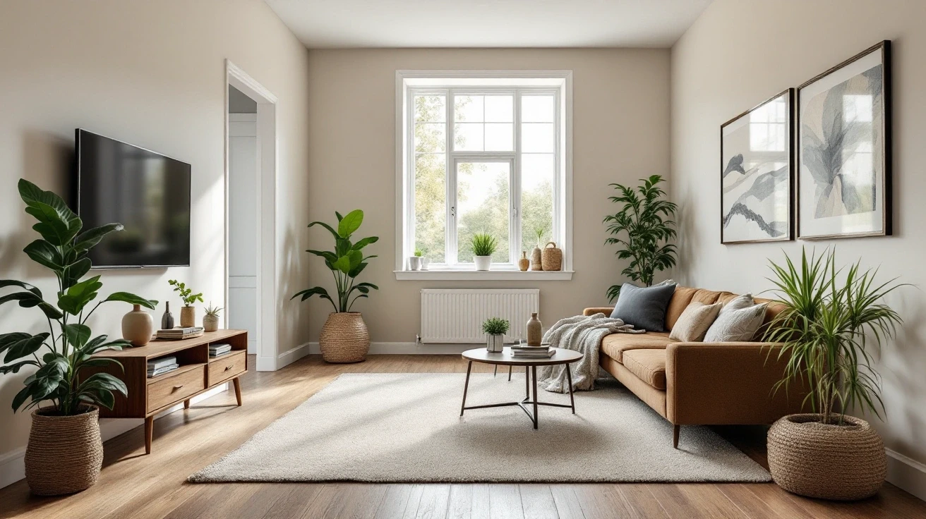 Living room with chairs, a sofa and a central window
