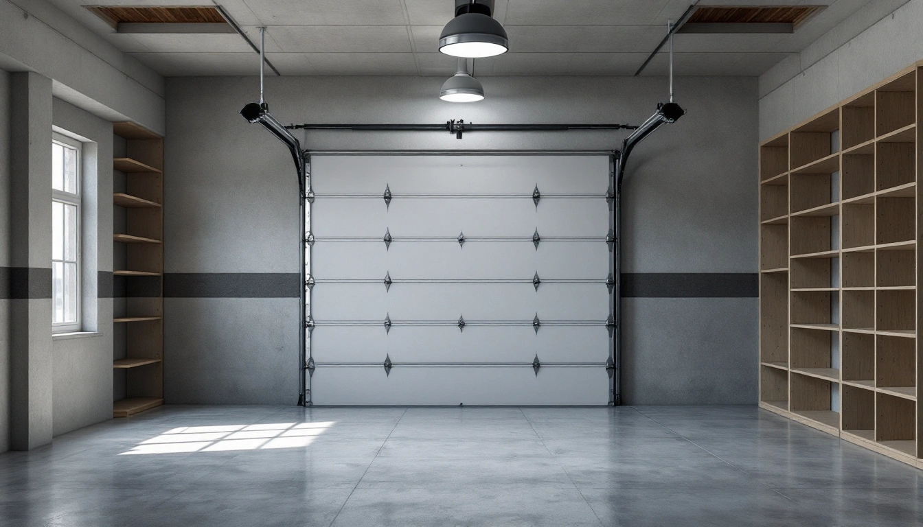 Garage with shelving and an overhead door